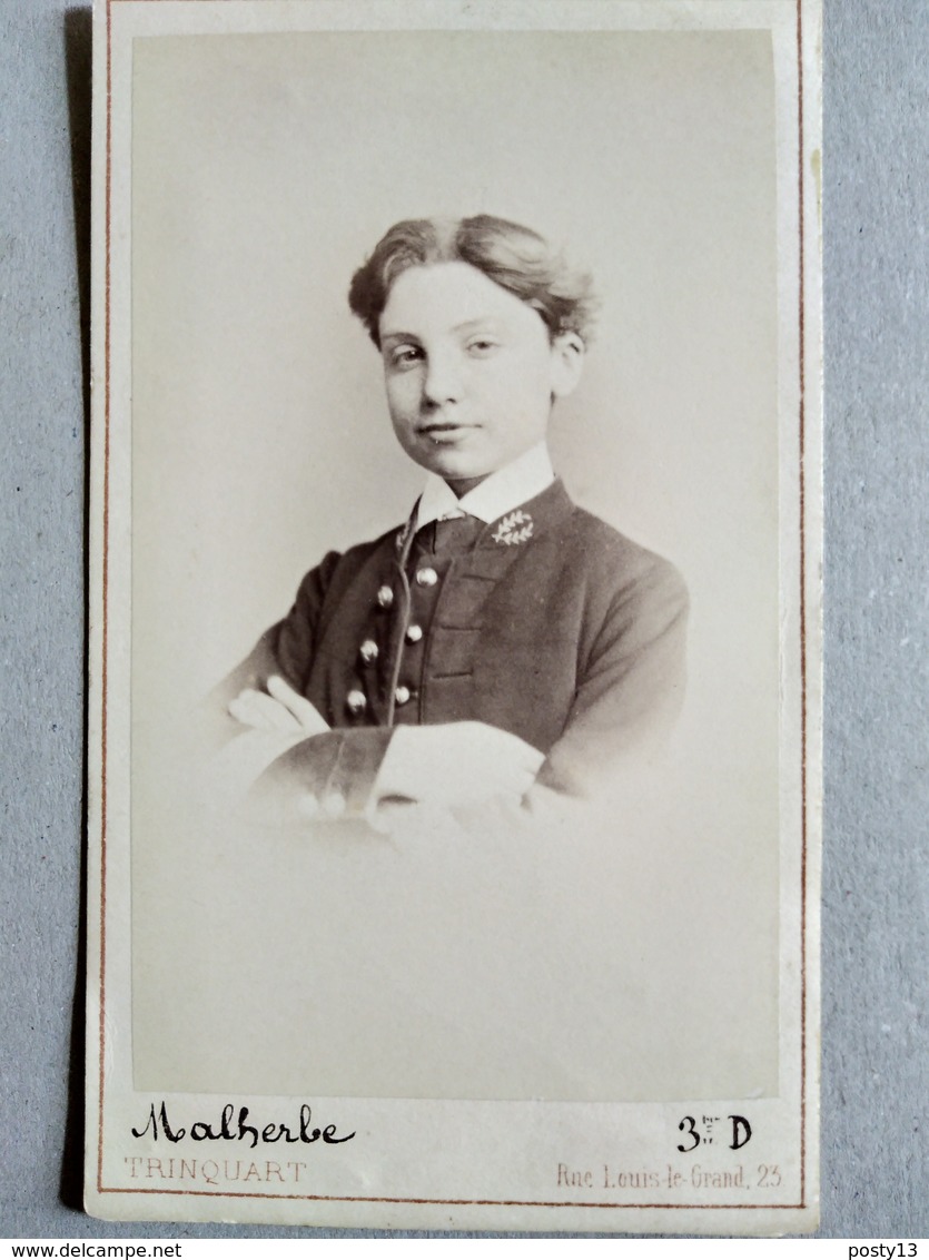 CDV Élève Charles Malherbe, 3 ème D - Uniforme Collège - Photo TRINQUART 1868  Paris BE - Antiche (ante 1900)