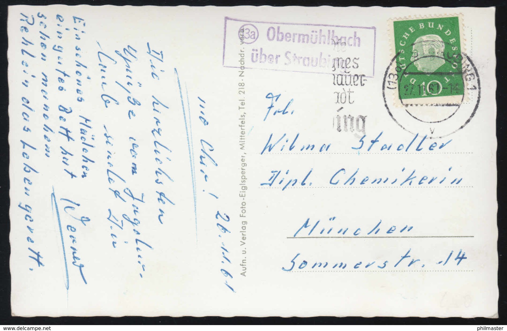 Landpost-Stempel Obermühlbach über STRAUBING 27.11.61 Auf AK Schopf Bayer. Wald - Altri & Non Classificati