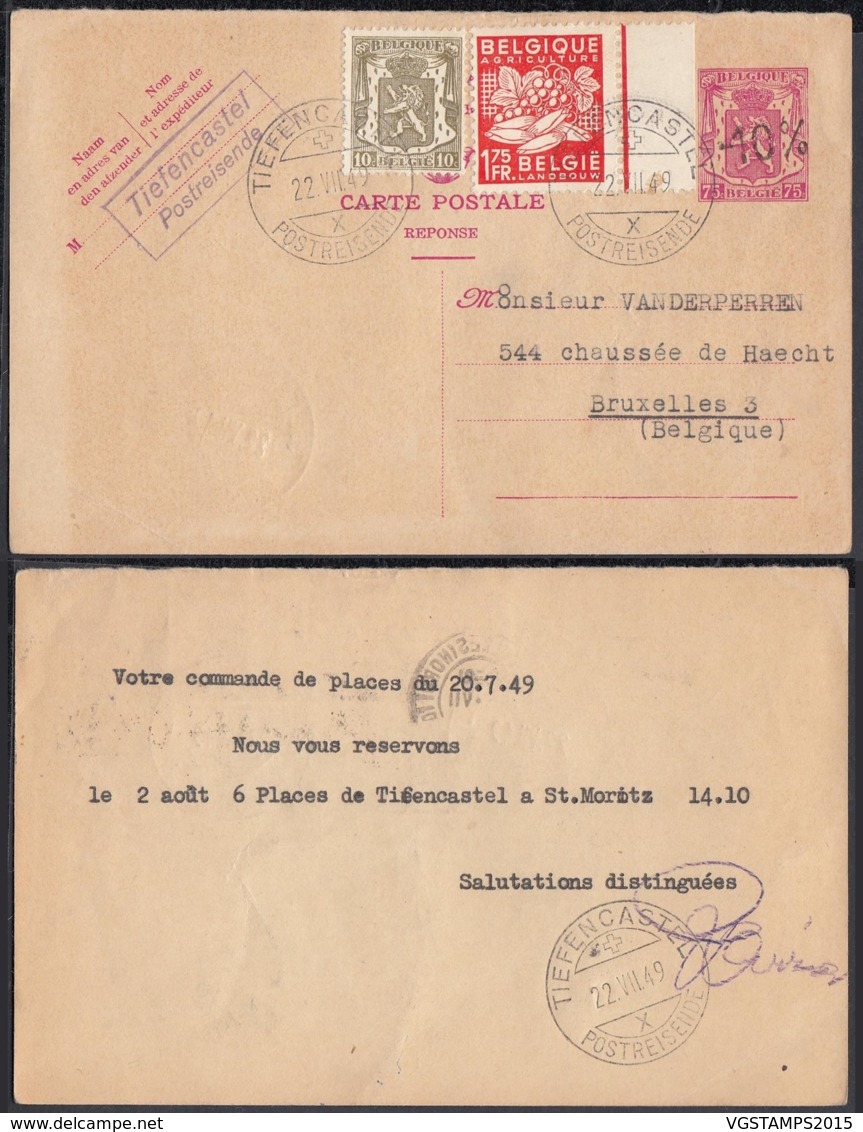 BELGIQUE EP + COB 420+763 SUR CARTE REPONSE DE TIEFENCASTEL 22/07/1949  (EB) DC-7388 - 1946 -10%