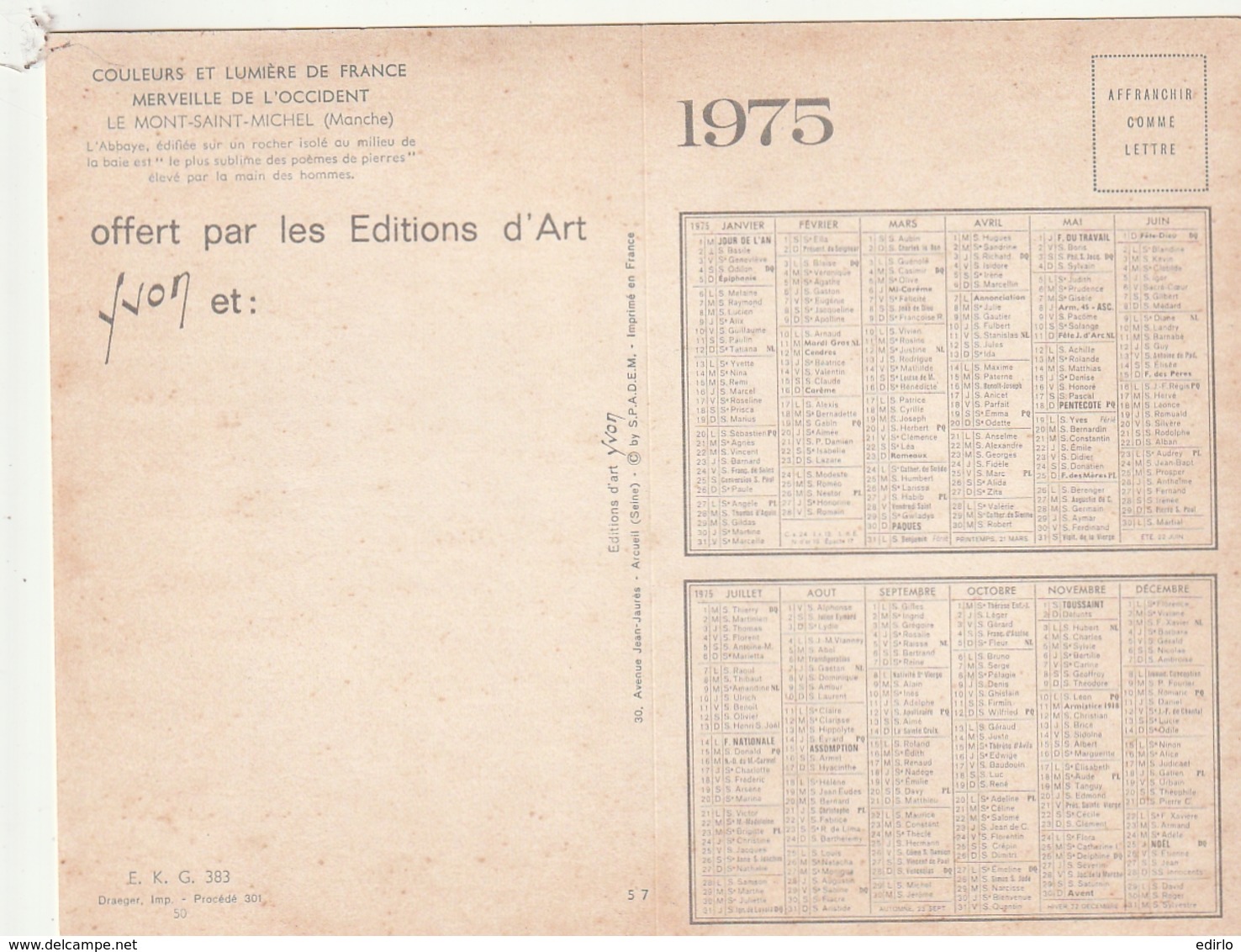 *** CALENDRIER 1975*** MONTPELLIER  14x20cm --carte Postale Géante Calendrier Au Dos Offert  éditions  YVON - Grossformat : 1971-80