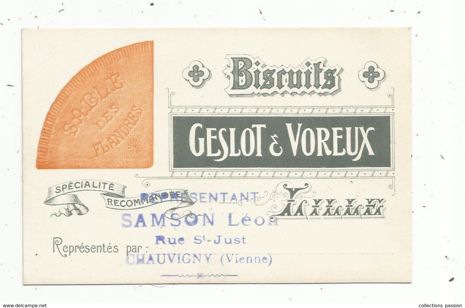 Carte De Visite , Biscuits Geslot & Voreux , Représentant : Samson Léon ,CHAUVIGNY , Sablé Des Flandres - Visitekaartjes