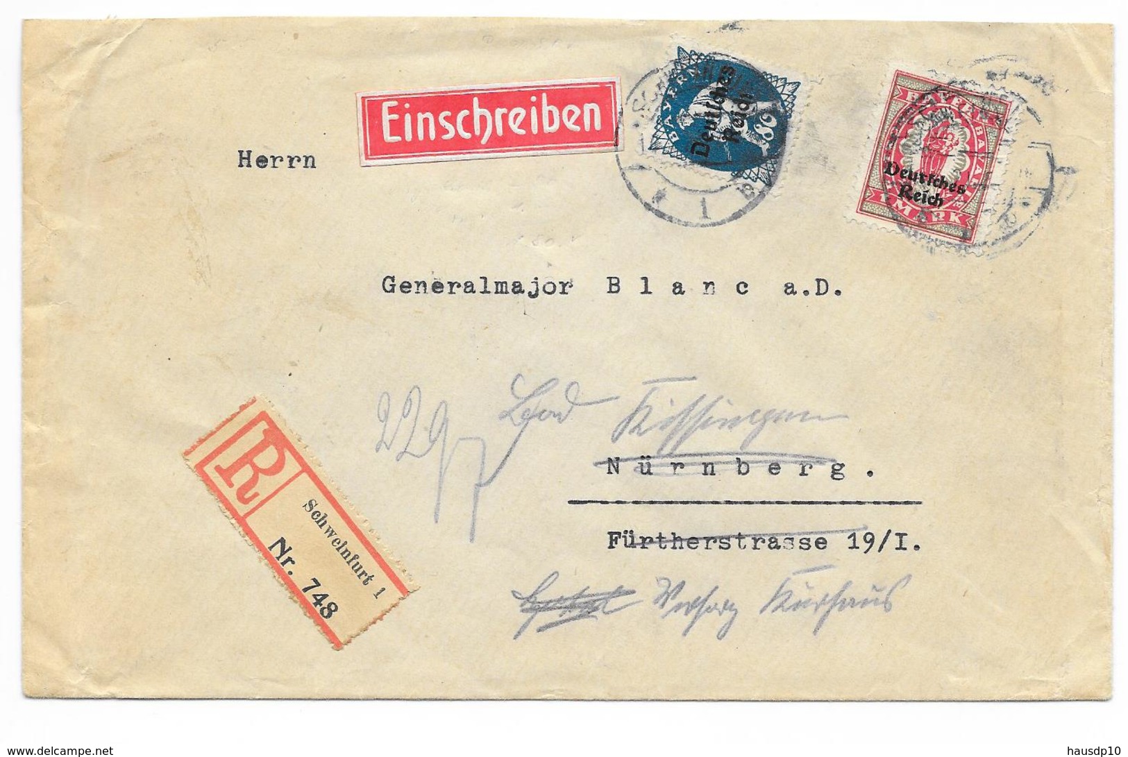 DR Einschreiben Schweinfurt Mif. MI.128,129 N. Nürnberg Mit Weiterleitung Bad Kissingen 1921 , Geprüft - Briefe U. Dokumente