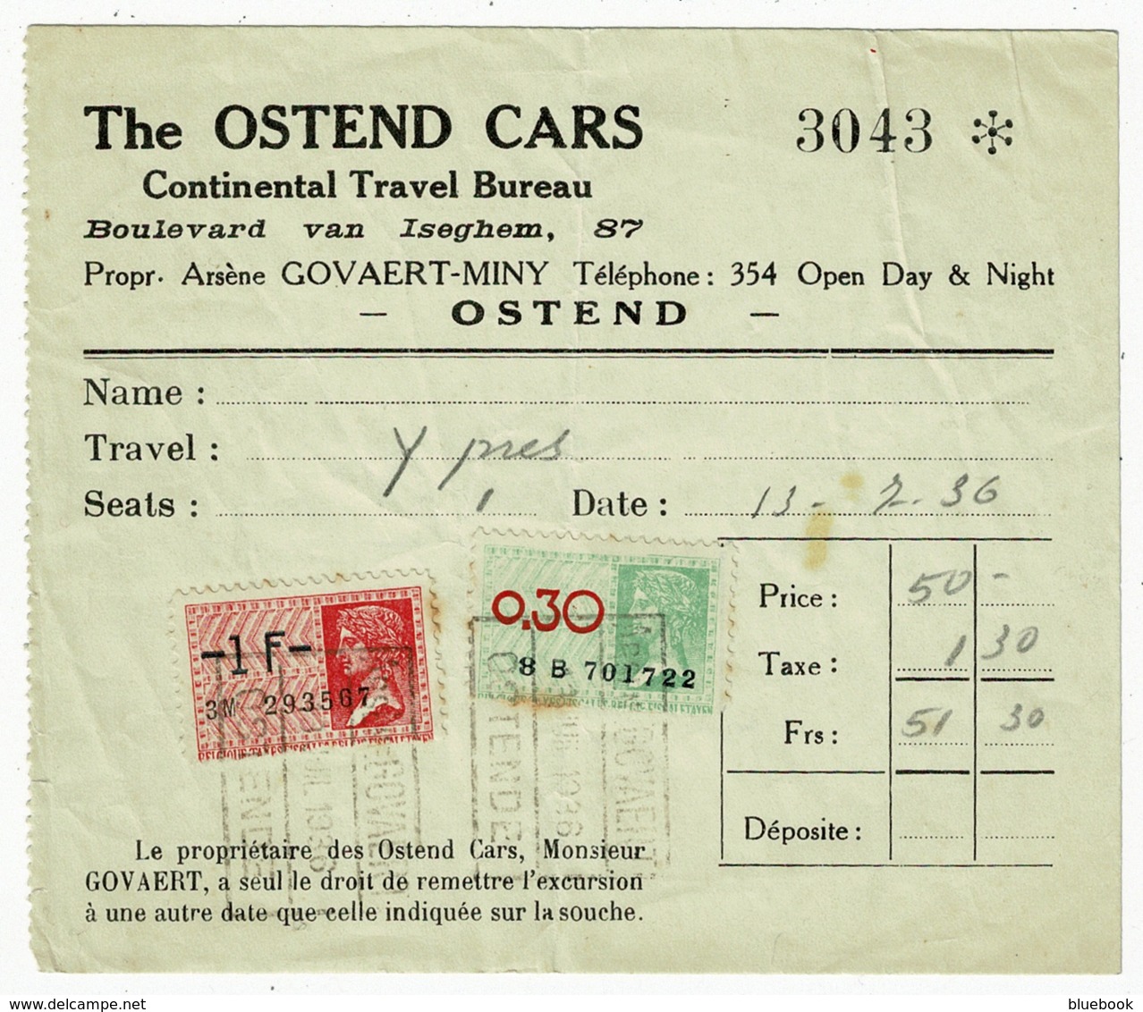 Ref 1343 - 1936 Belgium Tax Receipt - Ostend Cars - Fiscal Cinderella Stamps - Documents