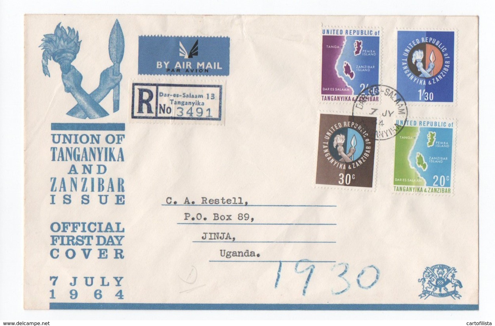 Zanzibar, Cover, Official FDC 1964, CIRCULATED And REGISTERED, Union Of Tanganyika And Zanzibar  (2 Scans) - Tanzanie (1964-...)