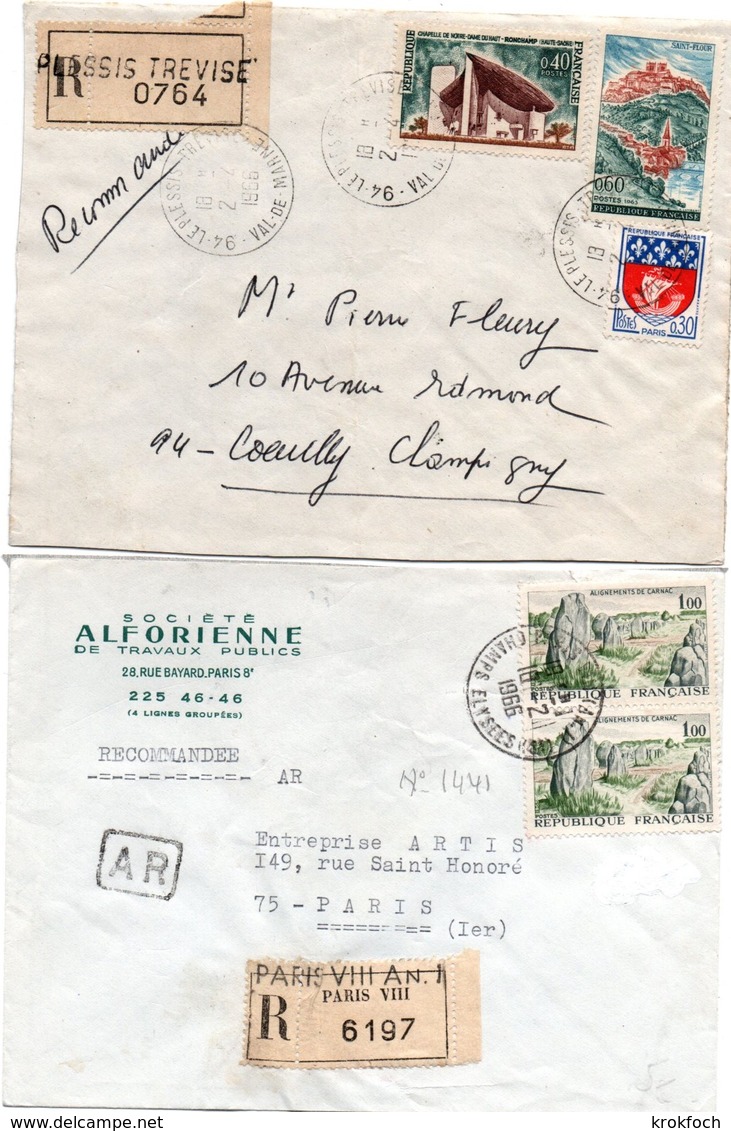 Plessis Trevise & Paris VIII An. 1 - 1966  - 2 Lettres Recommandées Avec étiquette Et Griffe - Alforienne De TP - 1961-....