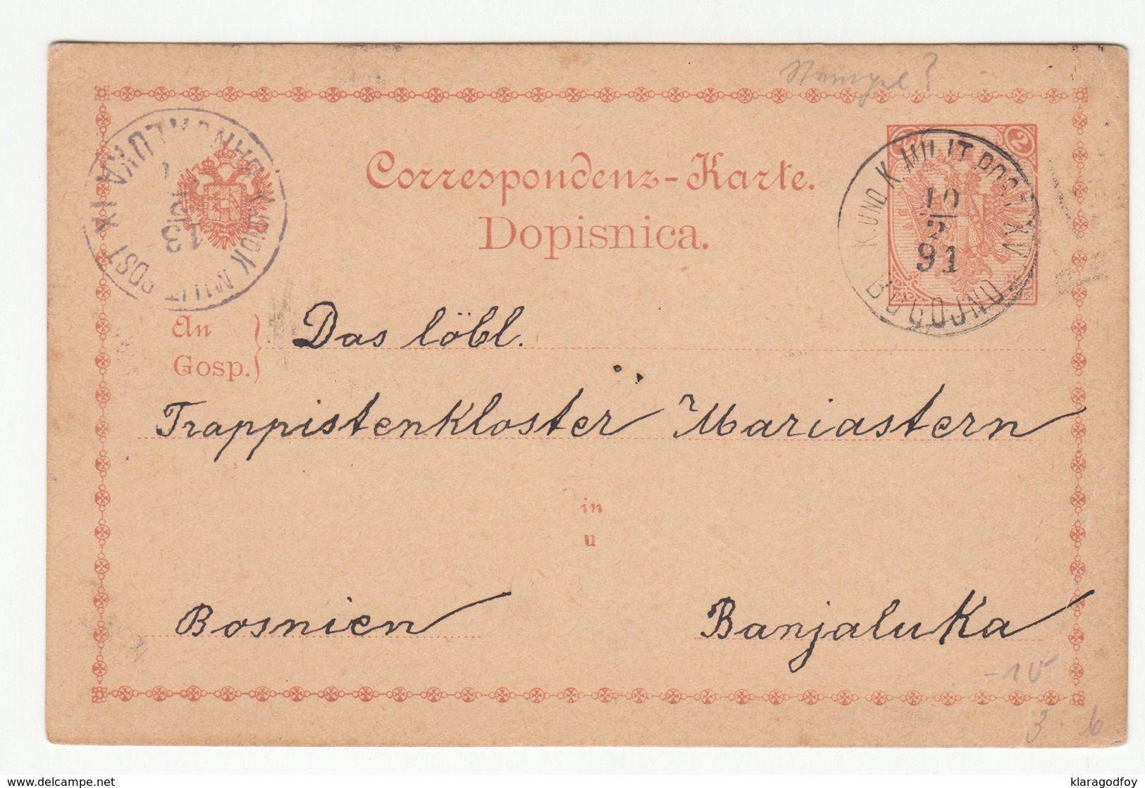 K.u.k. Austria Bosnia Hercegovina Postal Stationery Postcard Dopisnica Posted 1891 Ignacz Grof, Bugojno Tu Banja Luka - Bosnie-Herzegovine