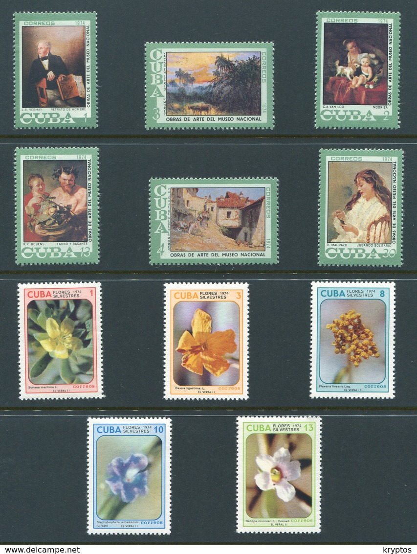 Cuba 1974. 11 Stamps ** (in 2 Complete Sets) Paintings & Flowers - Ongebruikt