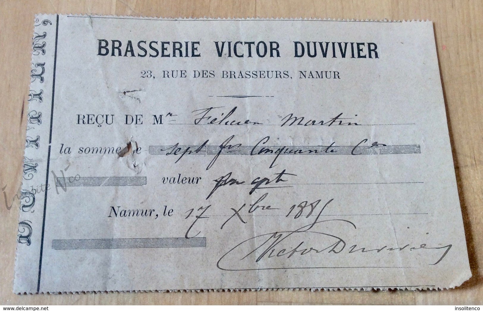 Très Rare Reçu Brasserie Victor Duvivier Rue Des Brasseurs 23 à Namur - 1885 - 1800 – 1899