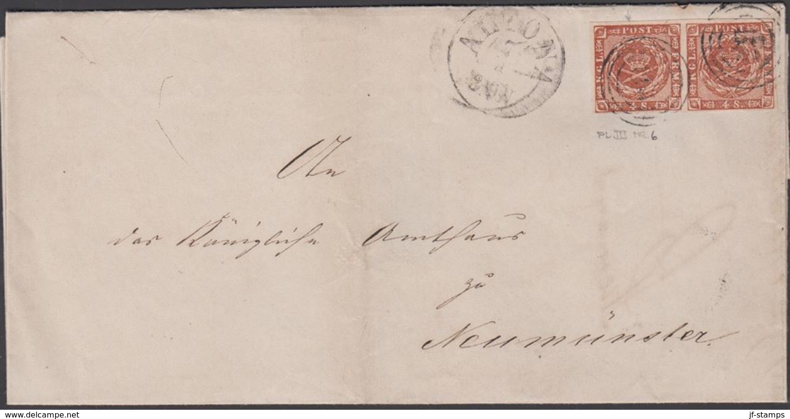 1861. 1?? + ALTONA7 4 To Flensburg.  Pair 4 S KGL POST FRIM. Var PUST Pl. III No.6. A... () - JF321263 - Cartas & Documentos