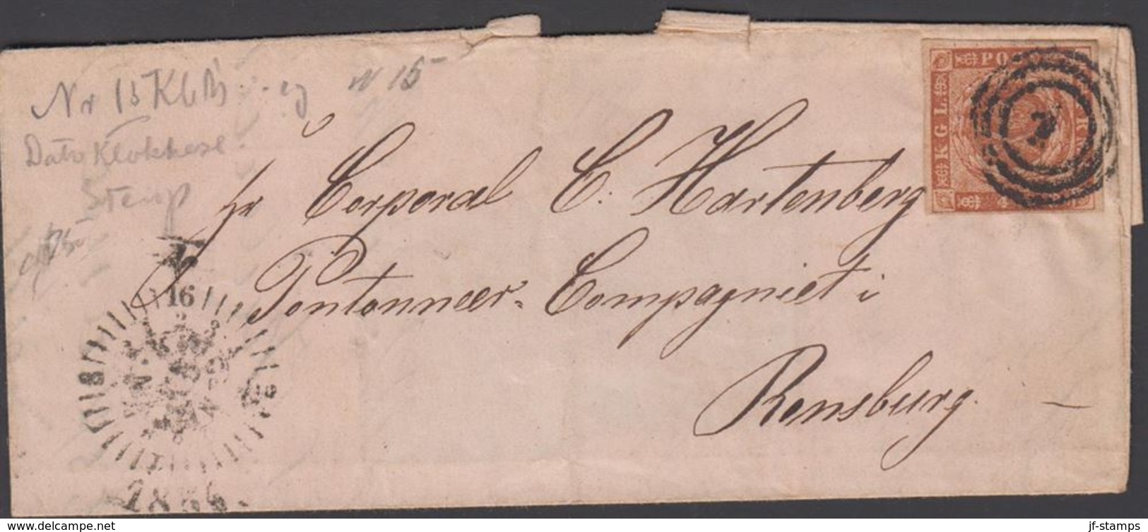 1854. 1 + CLOCK-CANCEL KØBENHAVN To General C. Hartenberg, Pontonner Companiet I Rend... () - JF321267 - Covers & Documents