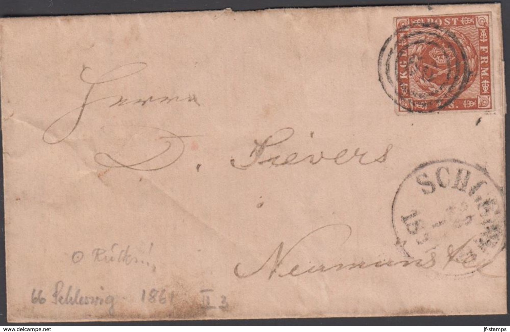 1861. 66 + SCHLESWIG 22 1 1861 To Neumünster.  4 S KGL POST FRIM. Blue NEUMÏNSTER 23 ... () - JF321269 - Lettres & Documents