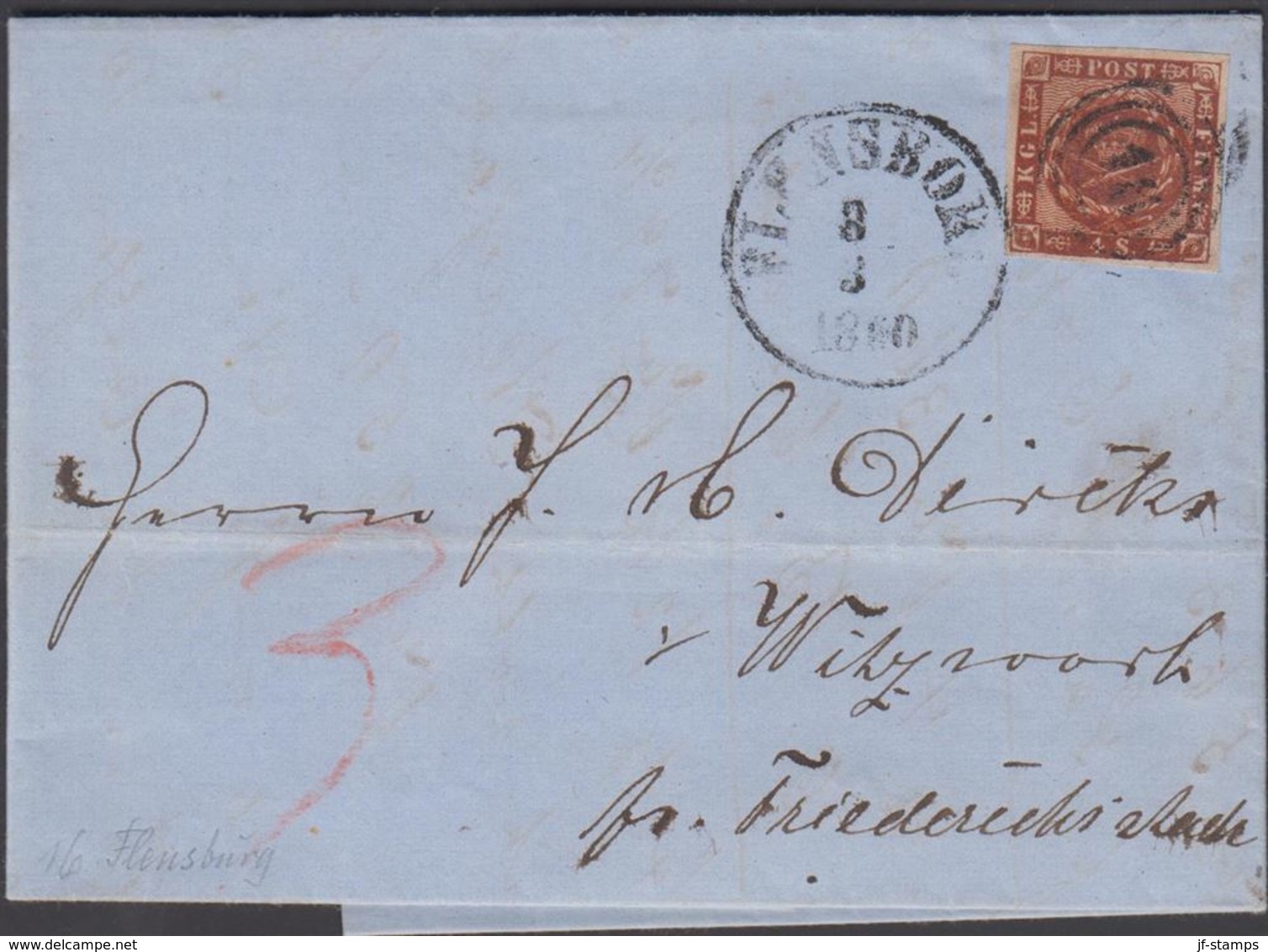 1860. 16 + FLENSBURG 3 3 1860 To Witzwoorth Pr. Friederichsstade.  4 S KGL POST FRIM.... () - JF321280 - Cartas & Documentos