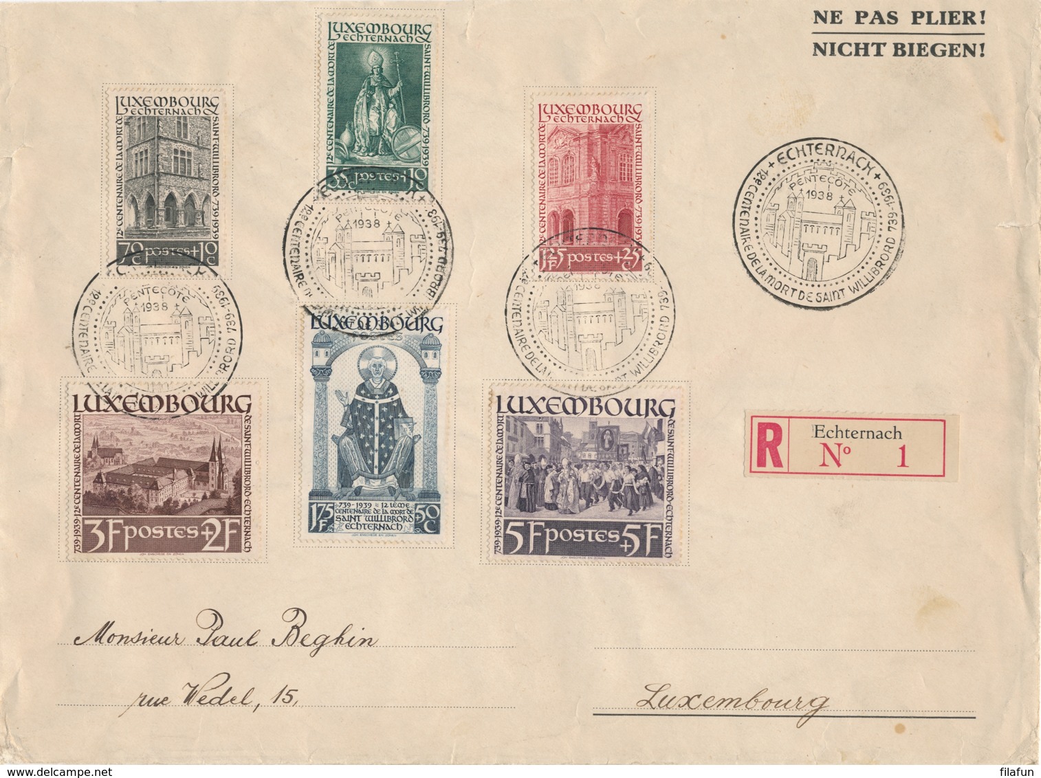 Luxemburg - 1938 - Willibrord Set On Large R-cover From Echternach To Luxembourg - Covers & Documents