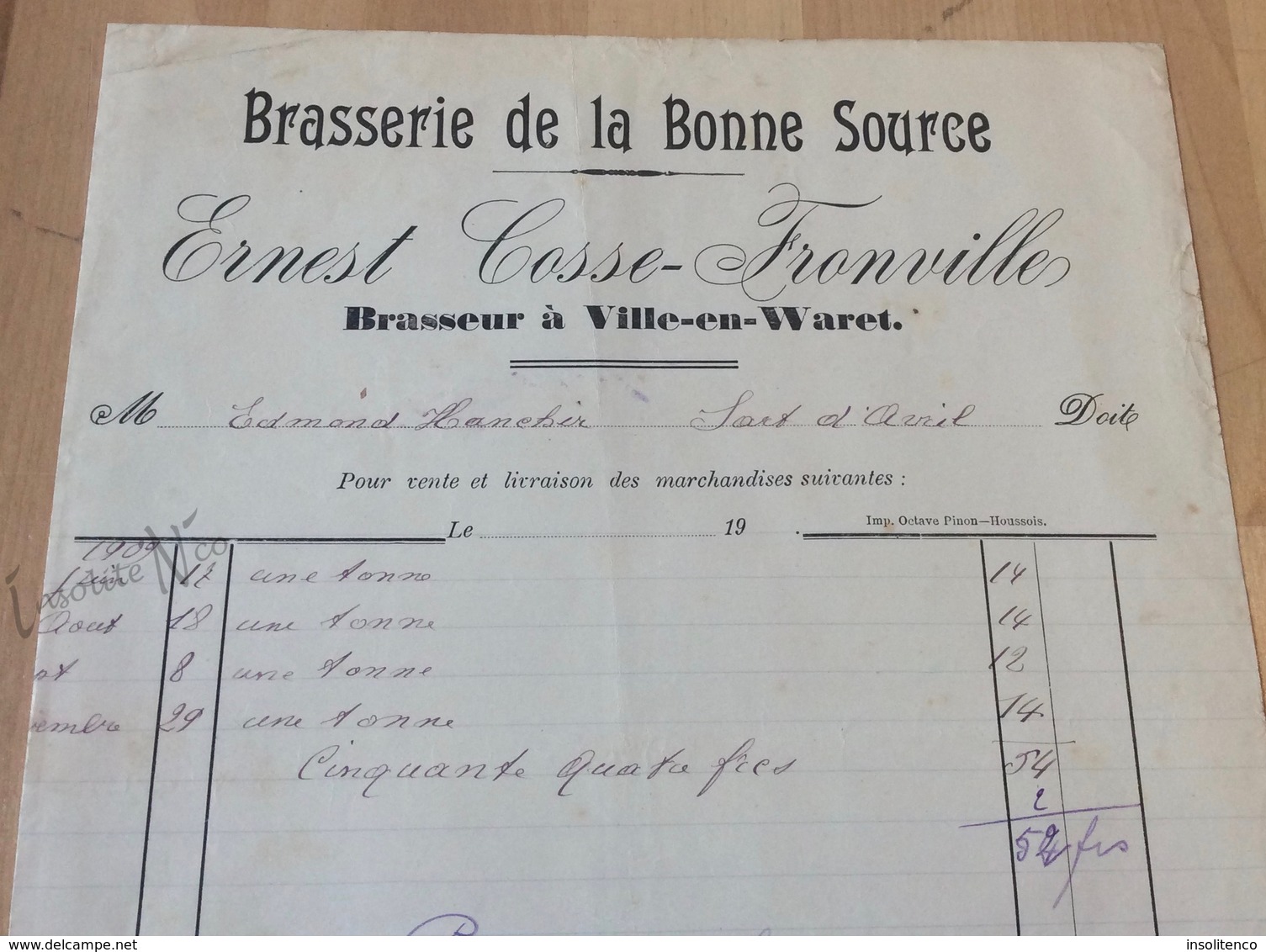 Facture De La Brasserie De La Bonne Source "Ernest Cosse-Fronville" - Ville-en-Waret - 1909/1910 - 1900 – 1949