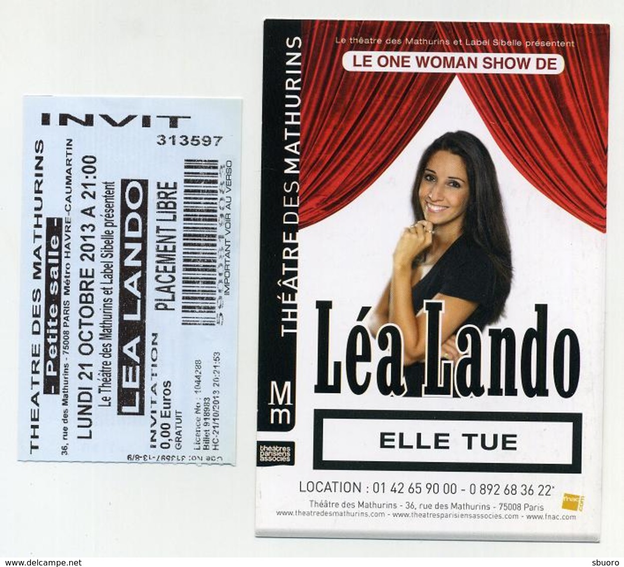 Ticket + Flyer - One Woman Show - Léa Lando, Elle Tue - Théâtre Des Mathurins, Paris - Octobre 2013 - Tickets D'entrée