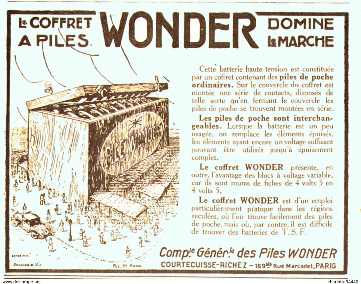 PUB BATTERIE  " WONDER "  1926 ( 1 ) - Andere & Zonder Classificatie