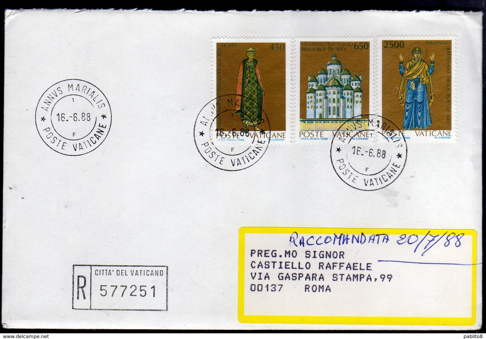 CITTÀ DEL VATICANO VATICAN VATIKAN 1988 MILLENNIO DEL BATTESIMO DELLA RUS DI KIEV RACCOMANDATA FDC REGISTERED LETTER - FDC