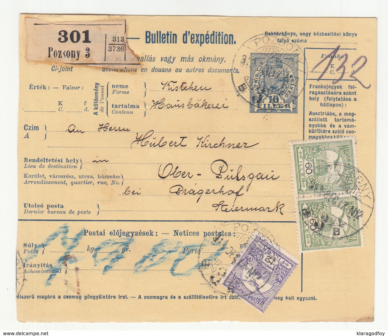 Hungary Postal Stationery Parcel Card 1913 Pozsony To Ober Pulsgau (Zgornja Polskava) B200310 - Slovenia