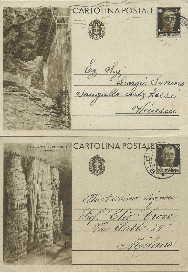 1937 - DUE CARTOLINE POSTALI VIAGGIATE DA C.30 DELLA SERIE GROTTE DI POSTUMIA - - Interi Postali