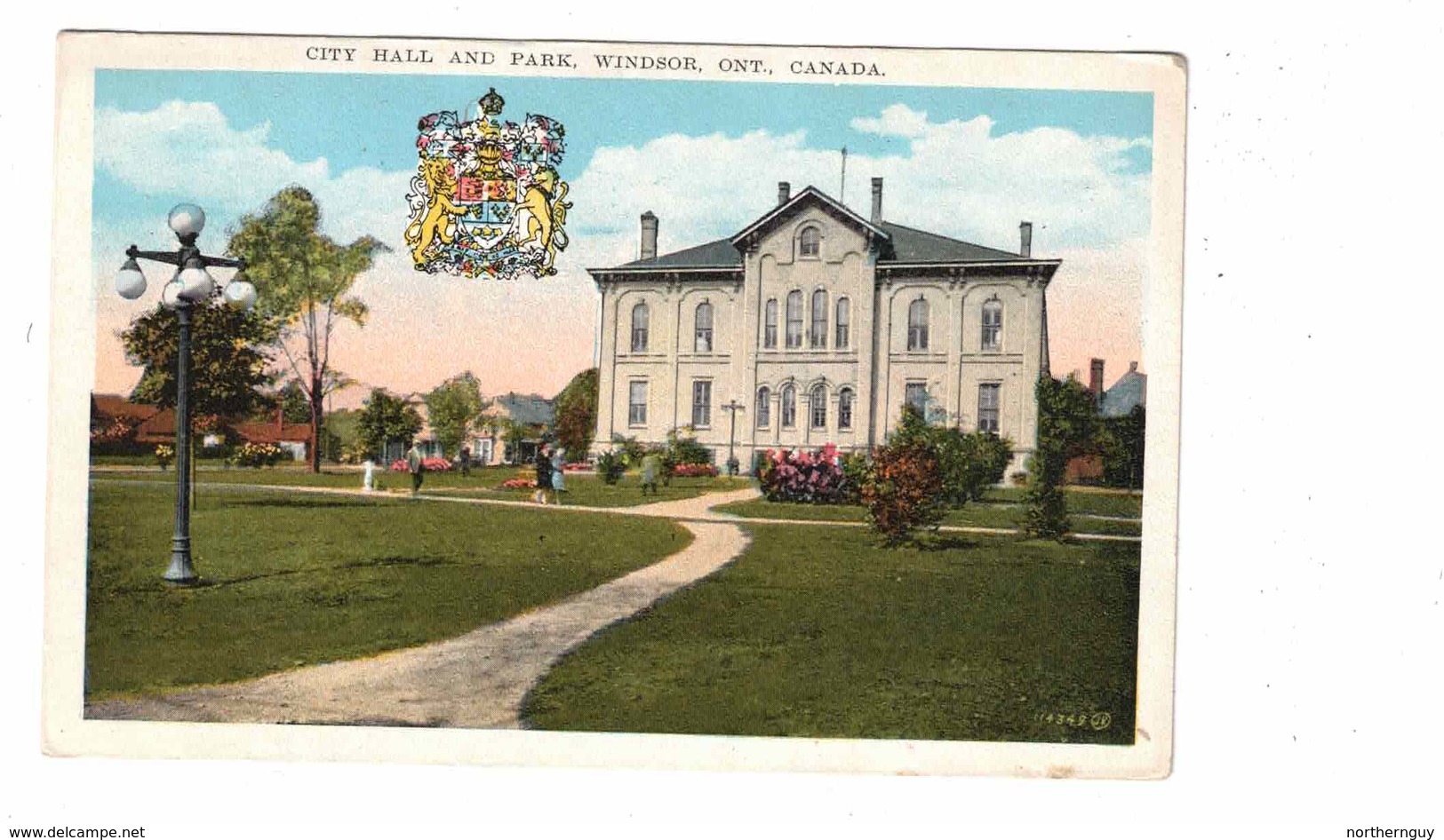 WINDSOR, Ontario, Canada, City Hall & Park, Old White Border Heraldic Postcard - Windsor
