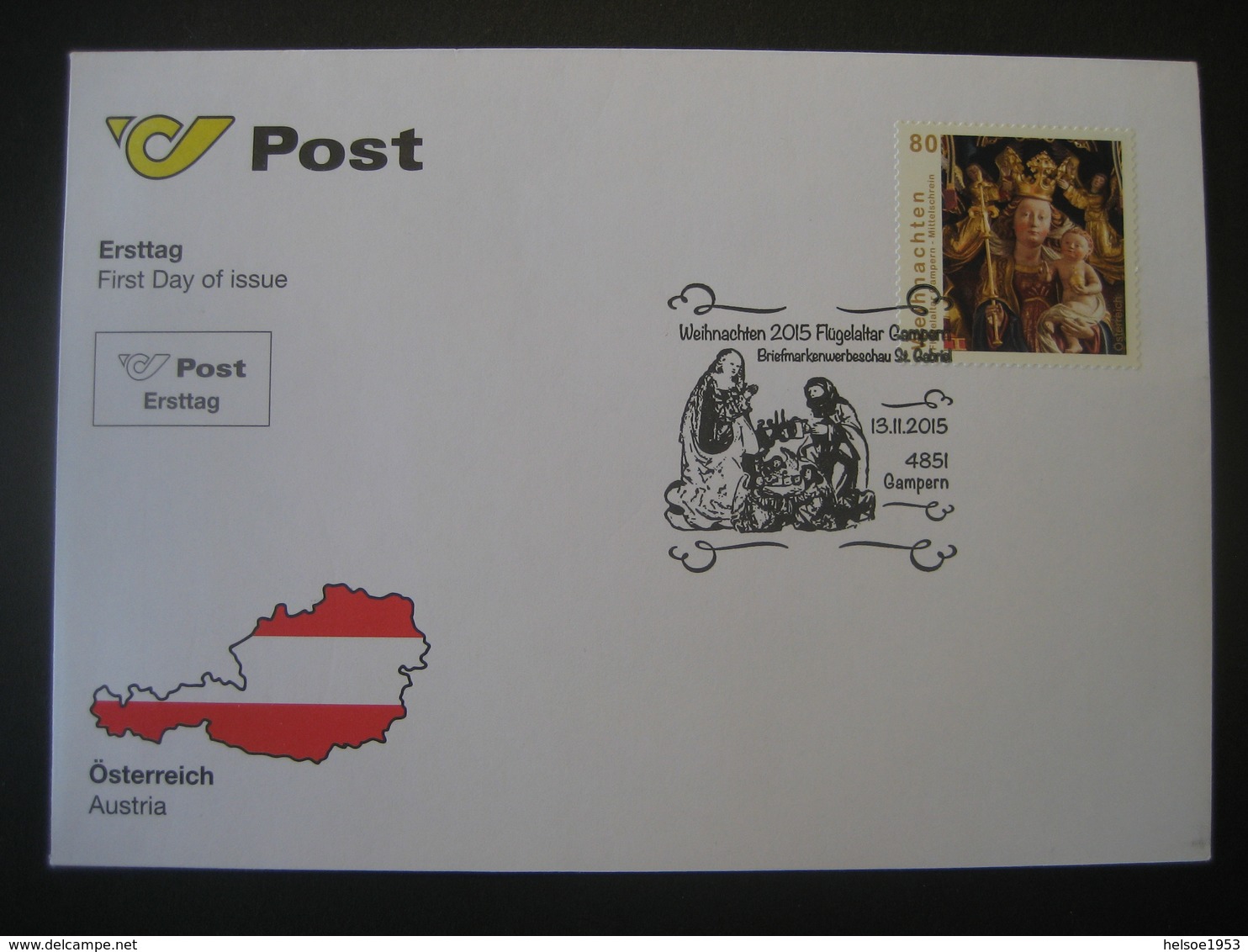 Österreich- Advent Gampern 13.11.2015 FDC Flügelaltar Gampern - Covers & Documents