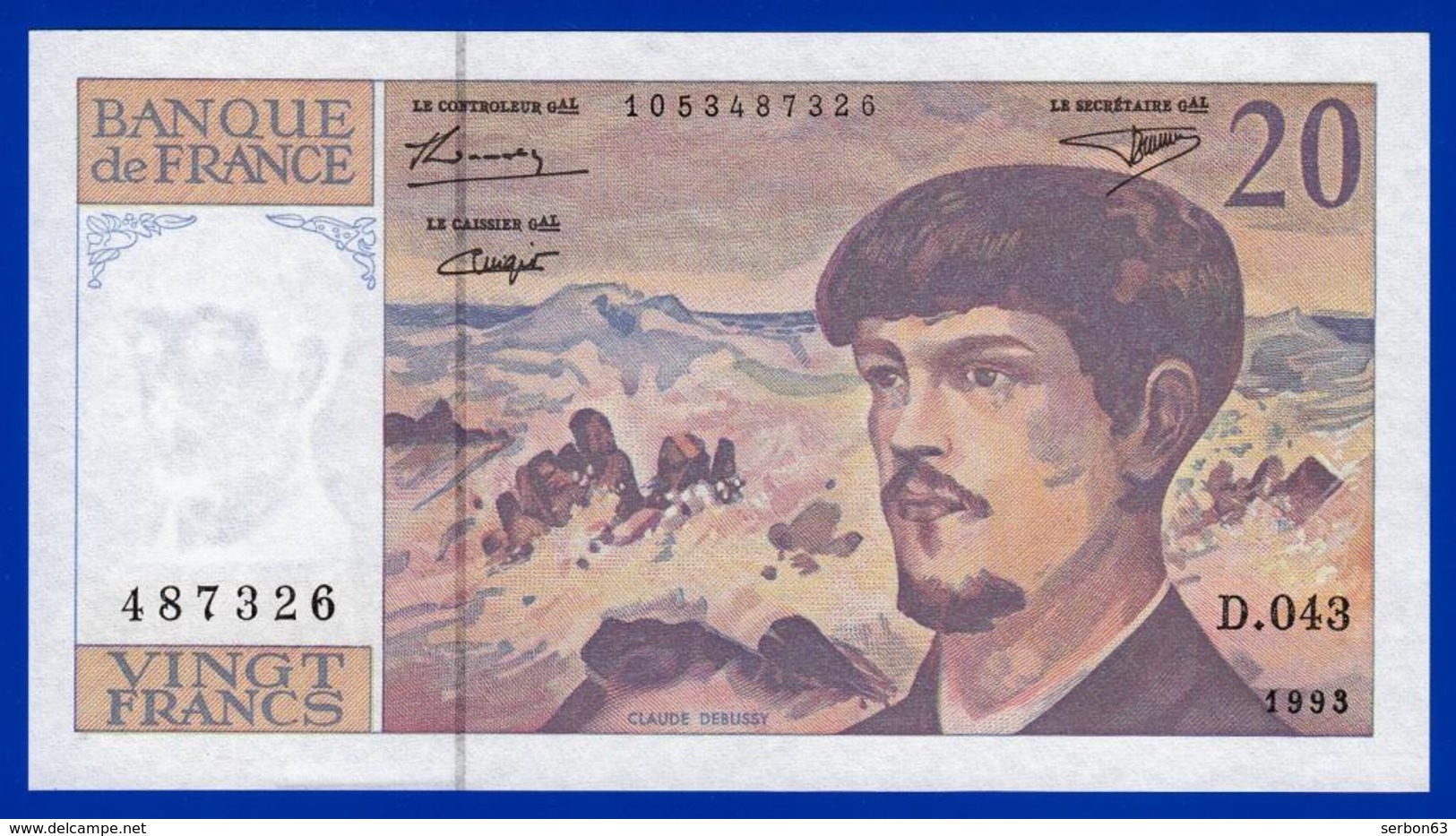 20 FRANCS DEBUSSY NEUF PAS DE TROU D.043 N° 487326 ANNÉE 1993 - 2 SCAN - Serbon63 - 20 F 1980-1997 ''Debussy''