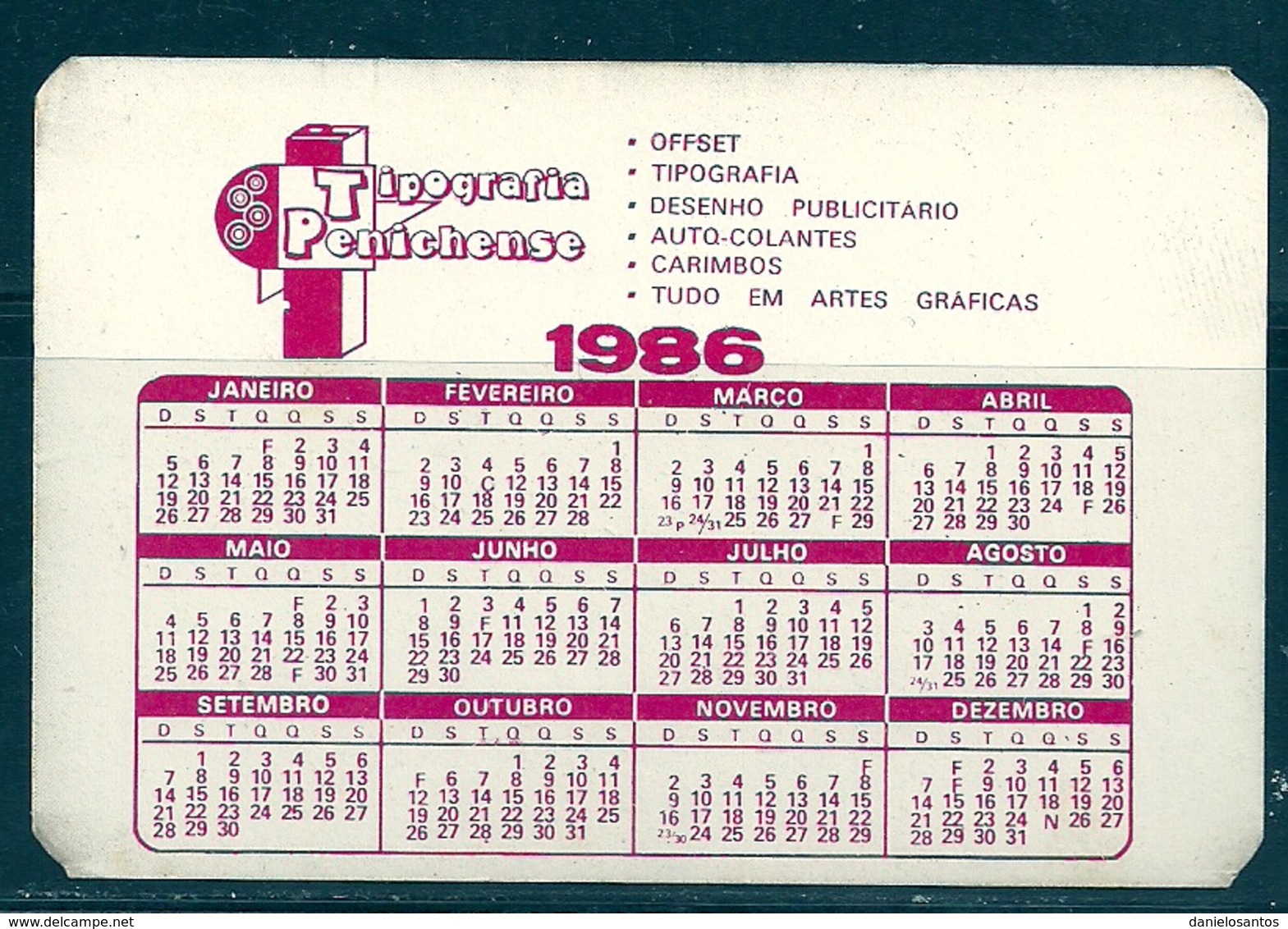 1986 Pocket Calendar Calandrier Calendario Portugal Lugares Cidades Peniche Fortaleza Anos 20 - Grand Format : 1981-90