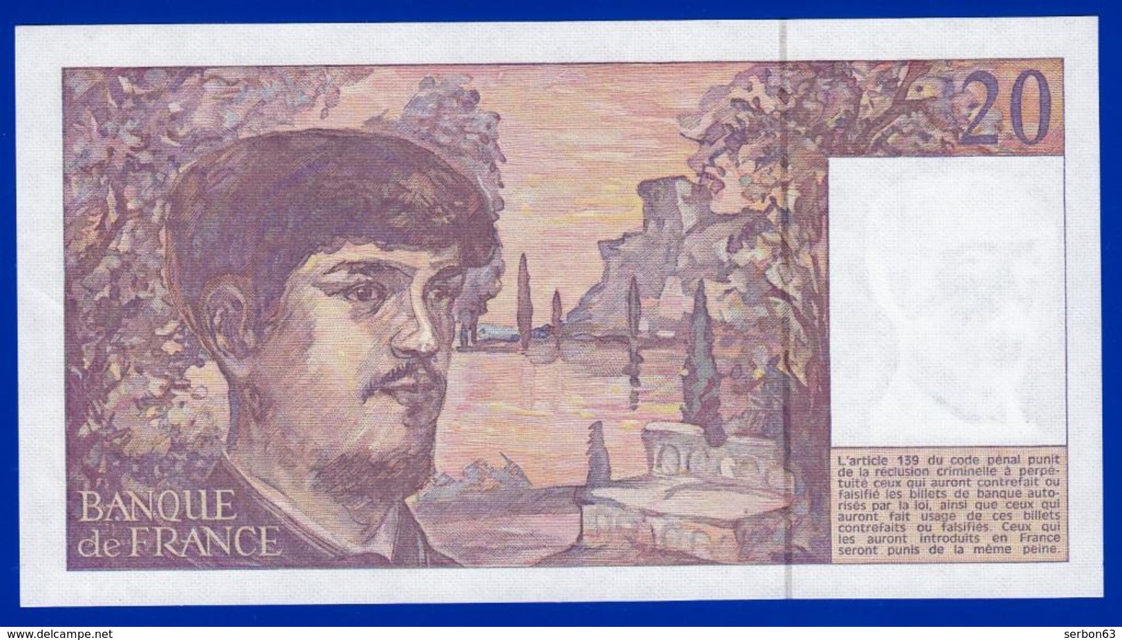 20 FRANCS DEBUSSY NEUF PAS DE TROU G.027 N° 121081 ANNÉE 1990 - 2 SCAN - Serbon63 - 20 F 1980-1997 ''Debussy''