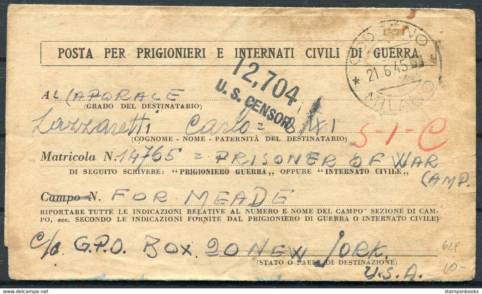 1945 Italy Codogno Milano POW Prisoner Of War - Fort Meade, USA Censor - Storia Postale