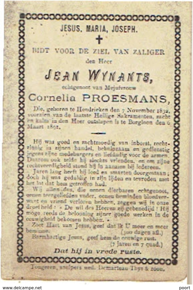 HENDRIEKEN / BORGLOON - Jean WYNANTS (echtgen. C. Proesmans) - Geboren 1832 En Overleden 1891 - Devotion Images