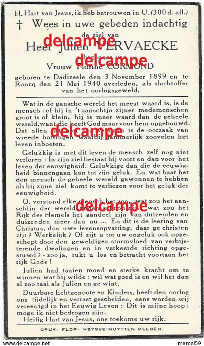 Oorlog Guerre Wielrenner Julien Vervaecke Dadizele Gesneuveld Te Roncq / FR Mei 1940 Neergeschoten Door Engelse Soldaten - Devotieprenten