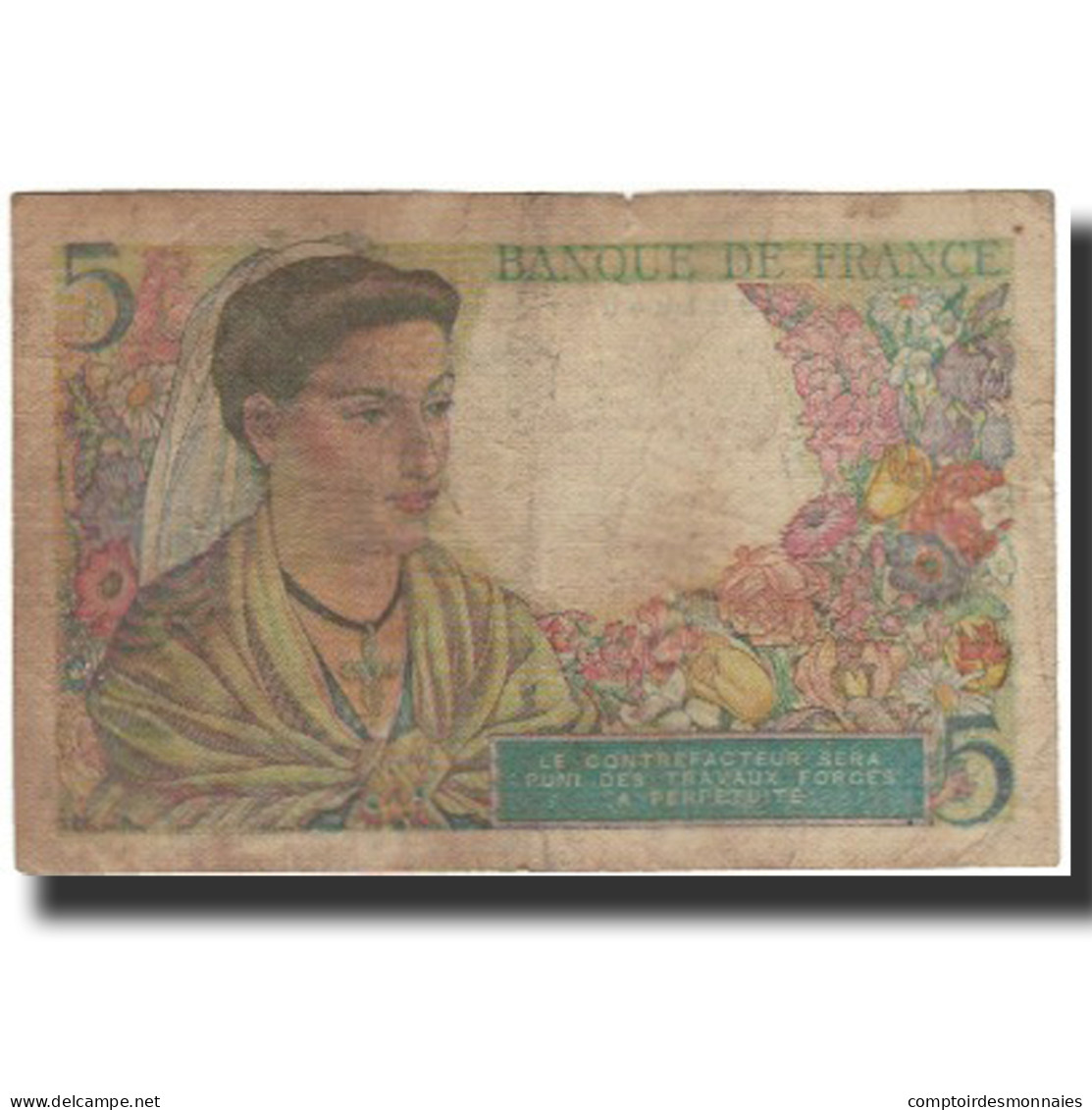 France, 5 Francs, Berger, 1943-12-23, B+, Fayette:5.5, KM:98a - 5 F 1943-1947 ''Berger''