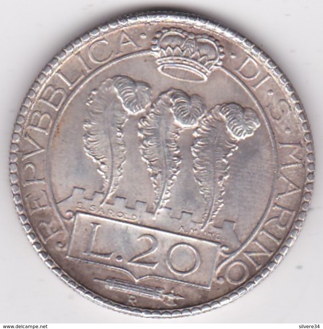 San Marino. 20 Lire 1933, En Argent, KM# 11 - Saint-Marin