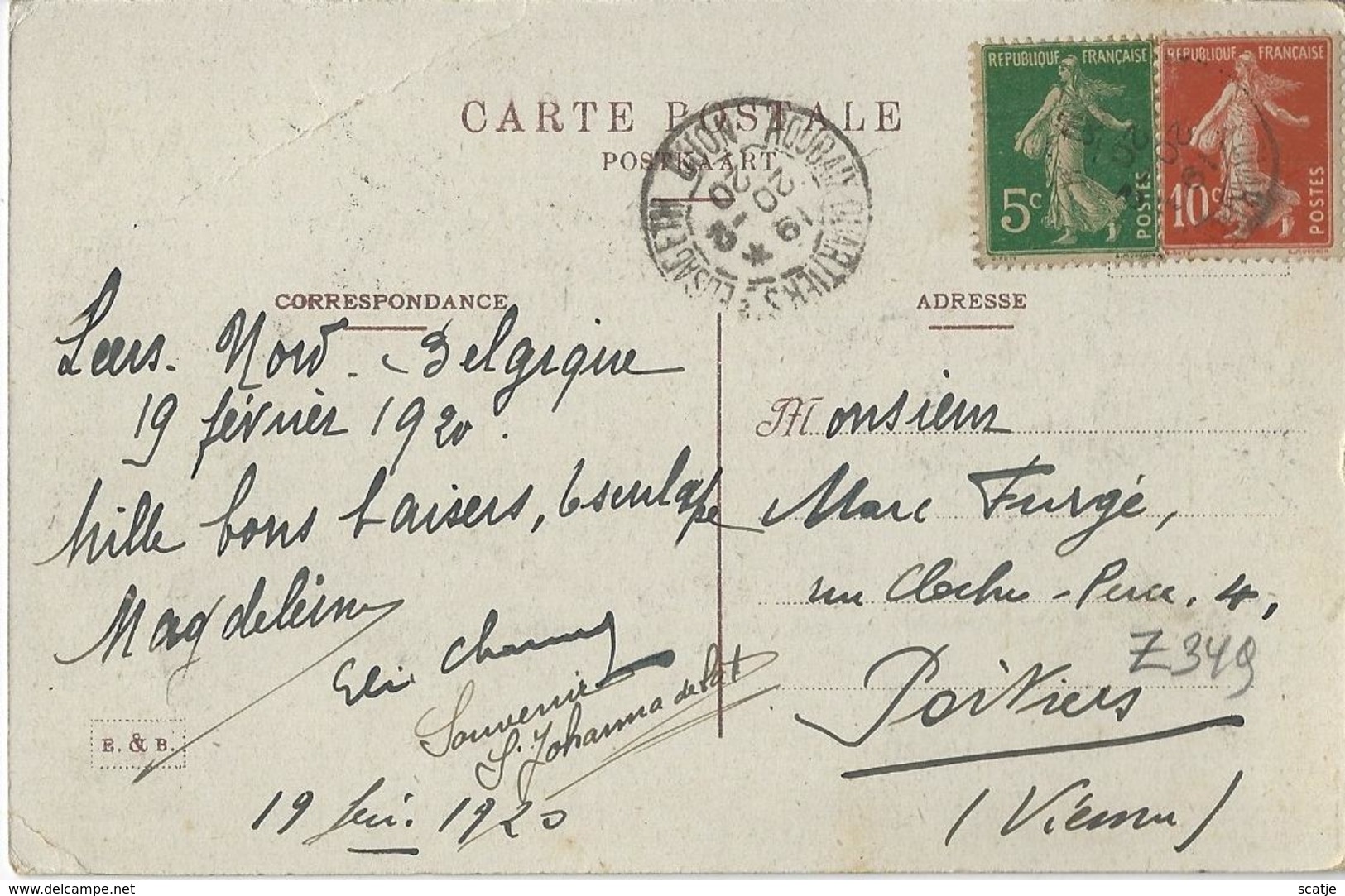 Leers-Nord  -   Steenput   -   Pensionnat N.D. De La Sagesse.   -   1920  Naar   Poitiers - Estaimpuis