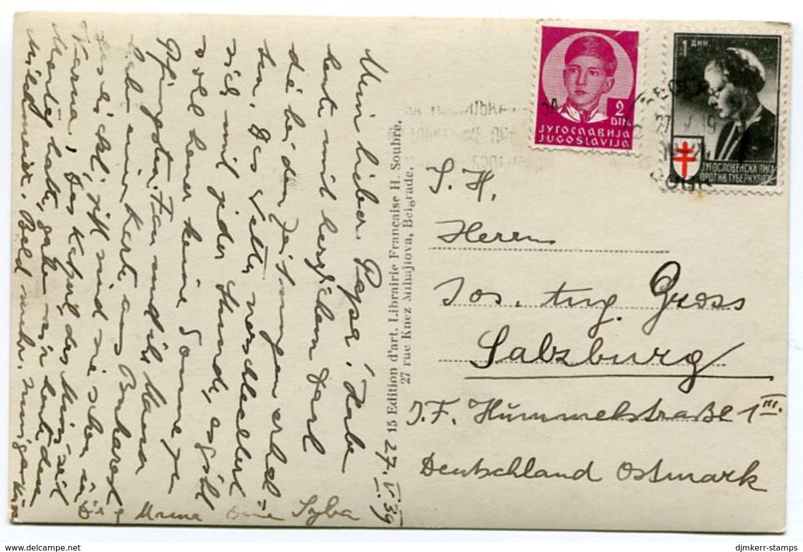 YUGOSLAVIA 1939 Anti-TB League Charity Label Used On Postcard. - Wohlfahrtsmarken