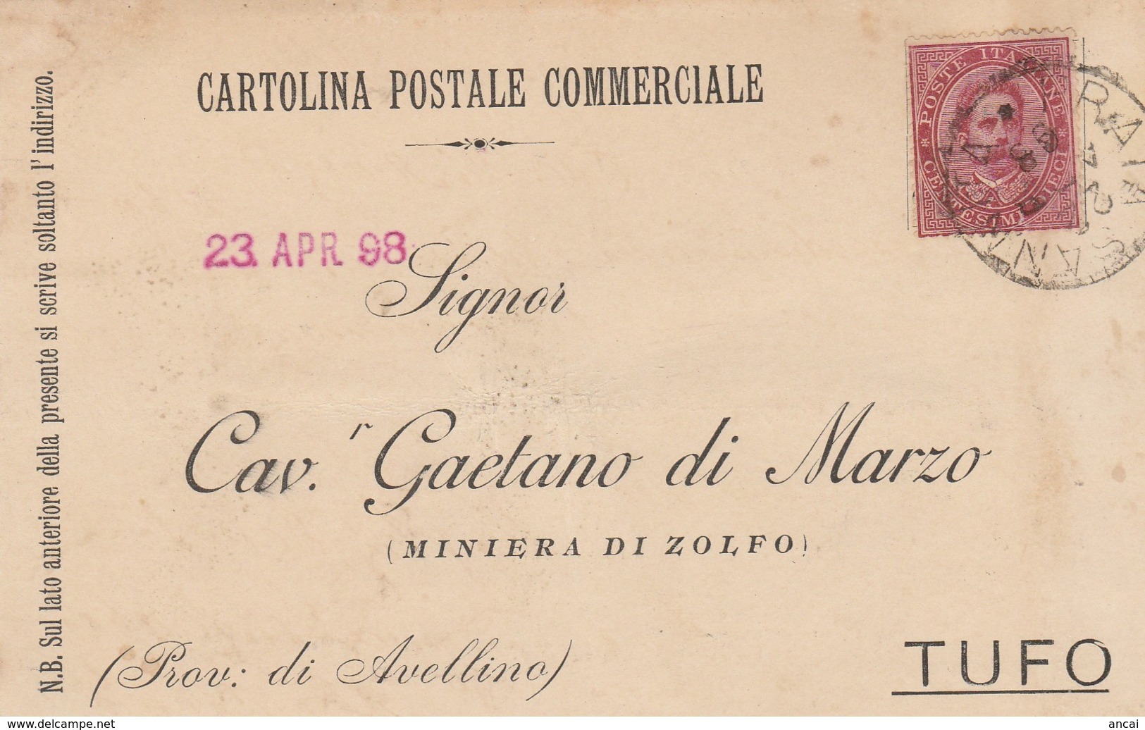 Prata Sannita. 1898. Annullo Grande Cerchio PRATA SANNITA, Su Cartolina Postale - Storia Postale