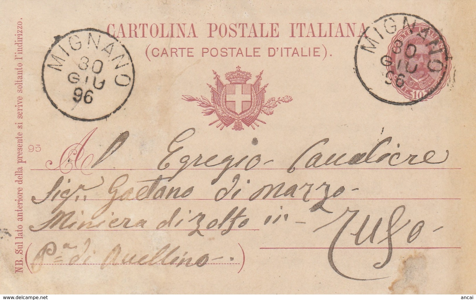 Mignano. 1896. Annullo Grande Cerchio MIGNANO, Su Cartolina Postale - Storia Postale