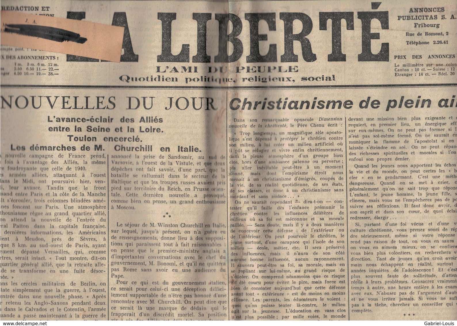 La Liberté - Fribourg - Suisse - 19.08.1944 - Christianisme -Churchill - Toulon - Alliés Aux Portes De Paris - Bataille - Autres & Non Classés