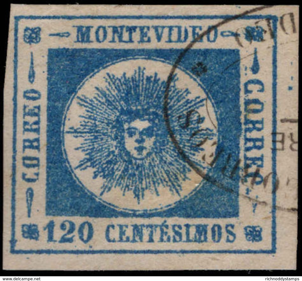Uruguay 1859 120c Blue Thin Figures Of Value Fine 4 Margined Fine Used. - Uruguay