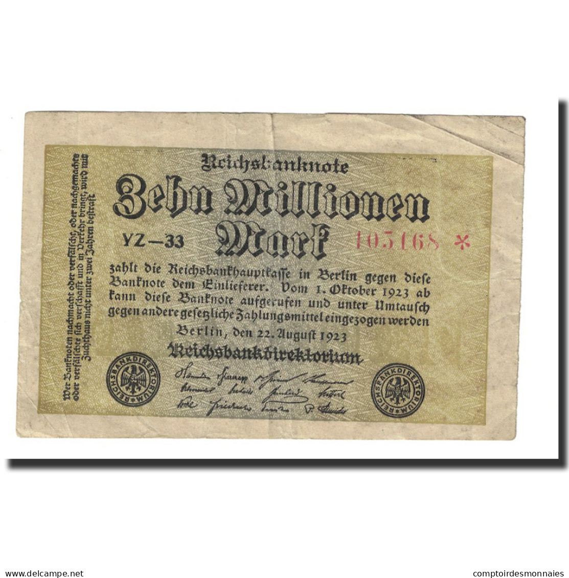 Billet, Allemagne, 10 Millionen Mark, 1923, 1923-08-22, KM:106b, TTB - 10 Mio. Mark