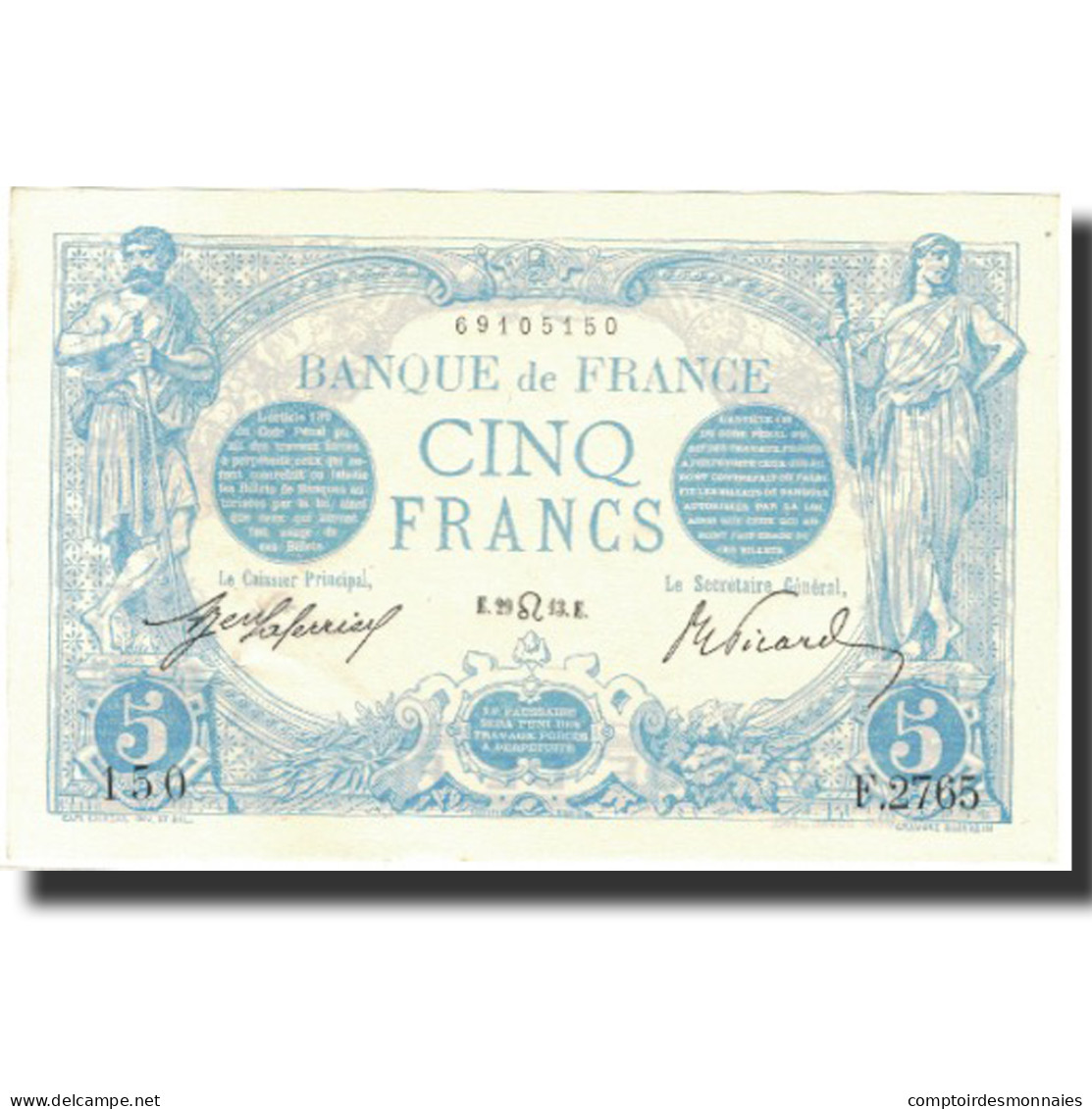 France, 5 Francs, Bleu, 1913, 1913-07-29, SPL, Fayette:2.19, KM:70 - 20 F 1905-1913 ''Bleu''