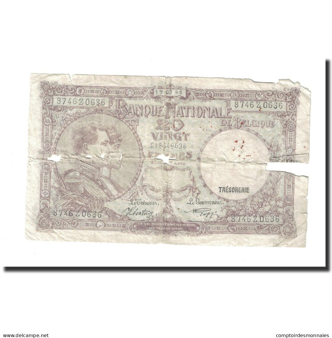 Billet, Belgique, 20 Francs, 1941, 1941-08-19, KM:111, B - 20 Francos