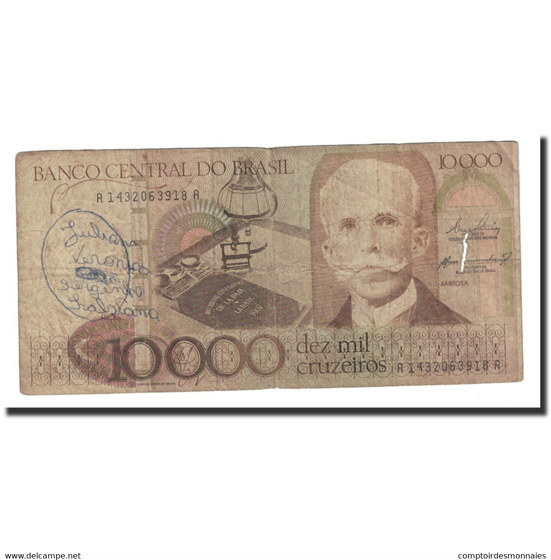 Billet, Brésil, 10,000 Cruzeiros, Undated (1984-85), KM:203a, B - Brésil