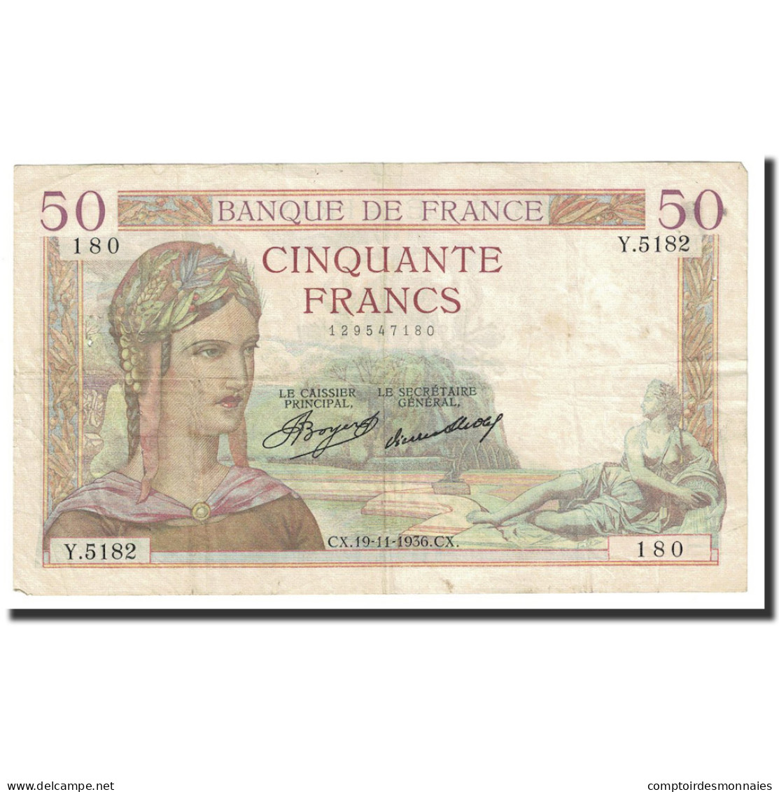 France, 50 Francs, Cérès, 1936, 1936-11-19, TTB, Fayette:17.31, KM:81 - 50 F 1934-1940 ''Cérès''