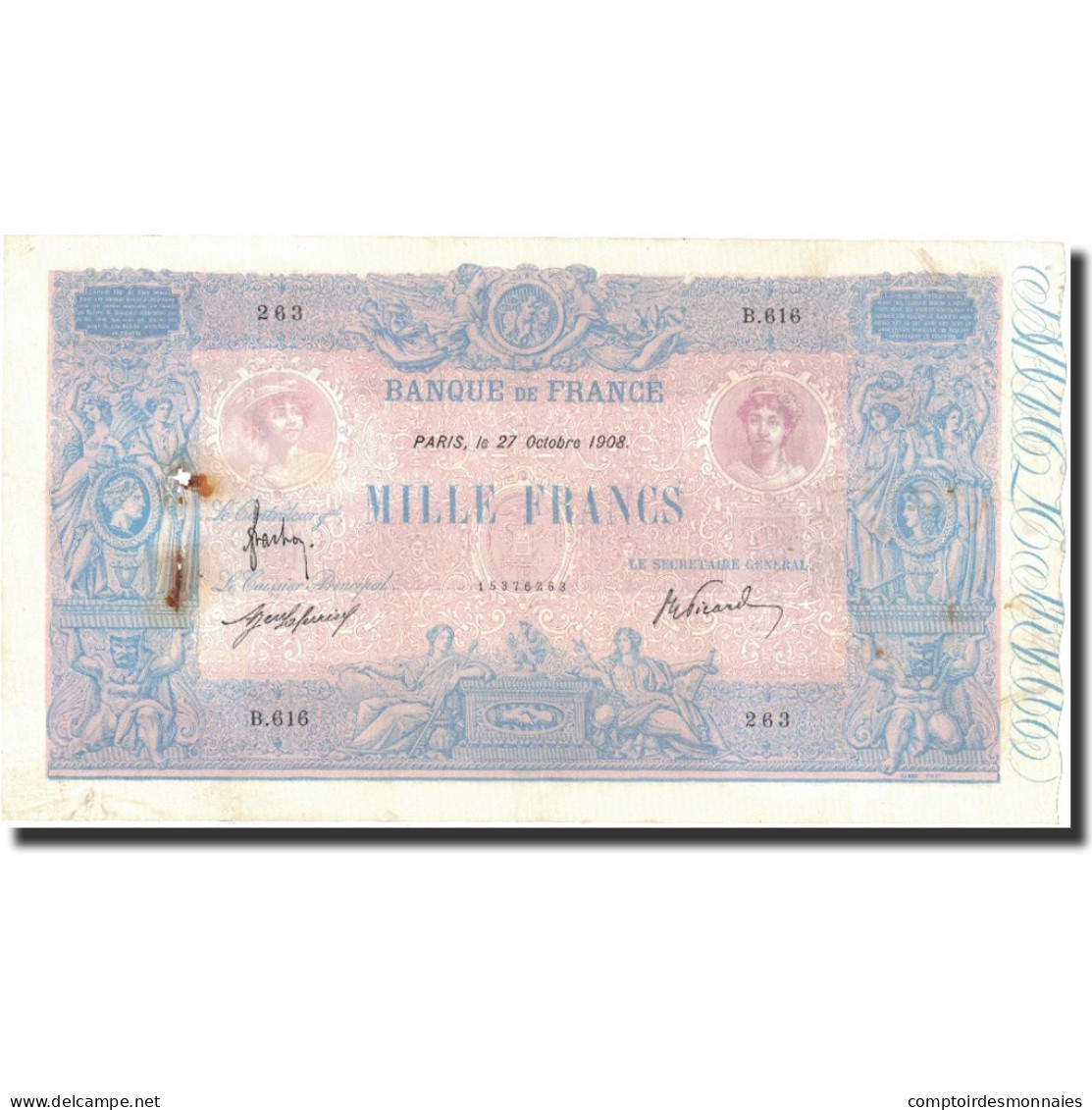 France, 1000 Francs, Bleu Et Rose, 1908, 1908-10-27, TB, Fayette:36.22, KM:67g - 50 F 1889-1927 ''Bleu Et Rose''