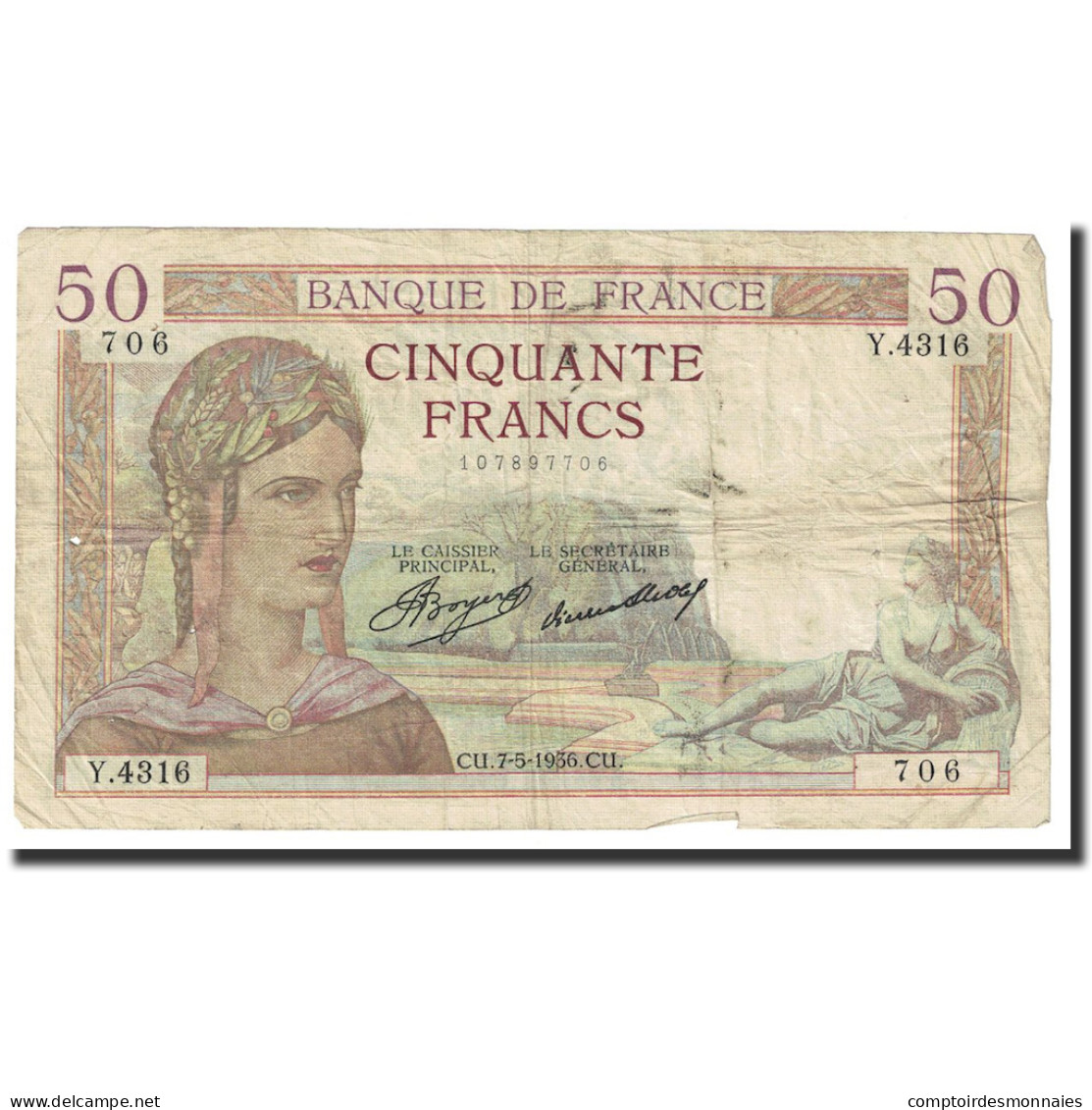 France, 50 Francs, Cérès, 1937, 1937-02-11, TB, Fayette:17.25, KM:81 - 50 F 1934-1940 ''Cérès''