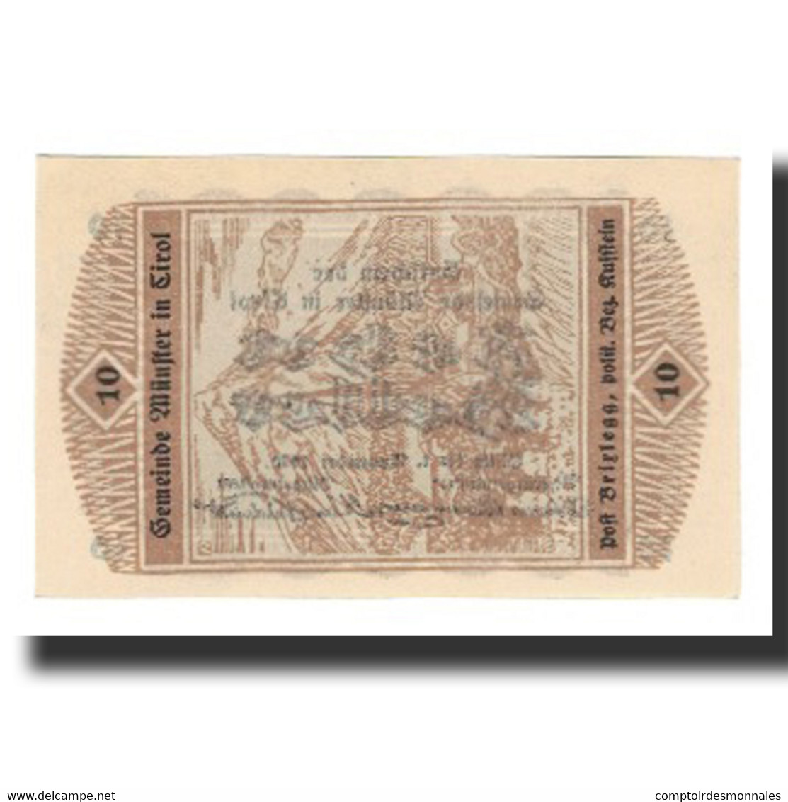 Billet, Autriche, Münster Tirol Gemeinde, 10 Heller, Montagne, 1920 - Autriche