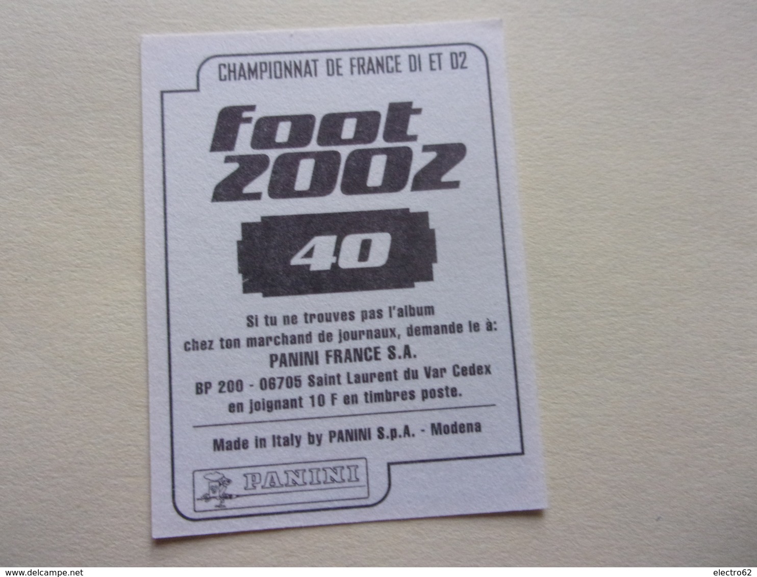 PANINI FOOT 2002 :championnat De France D1 Et D2 N°40  S.C.BASTIA Corse Fabrice Jau - Edition Française