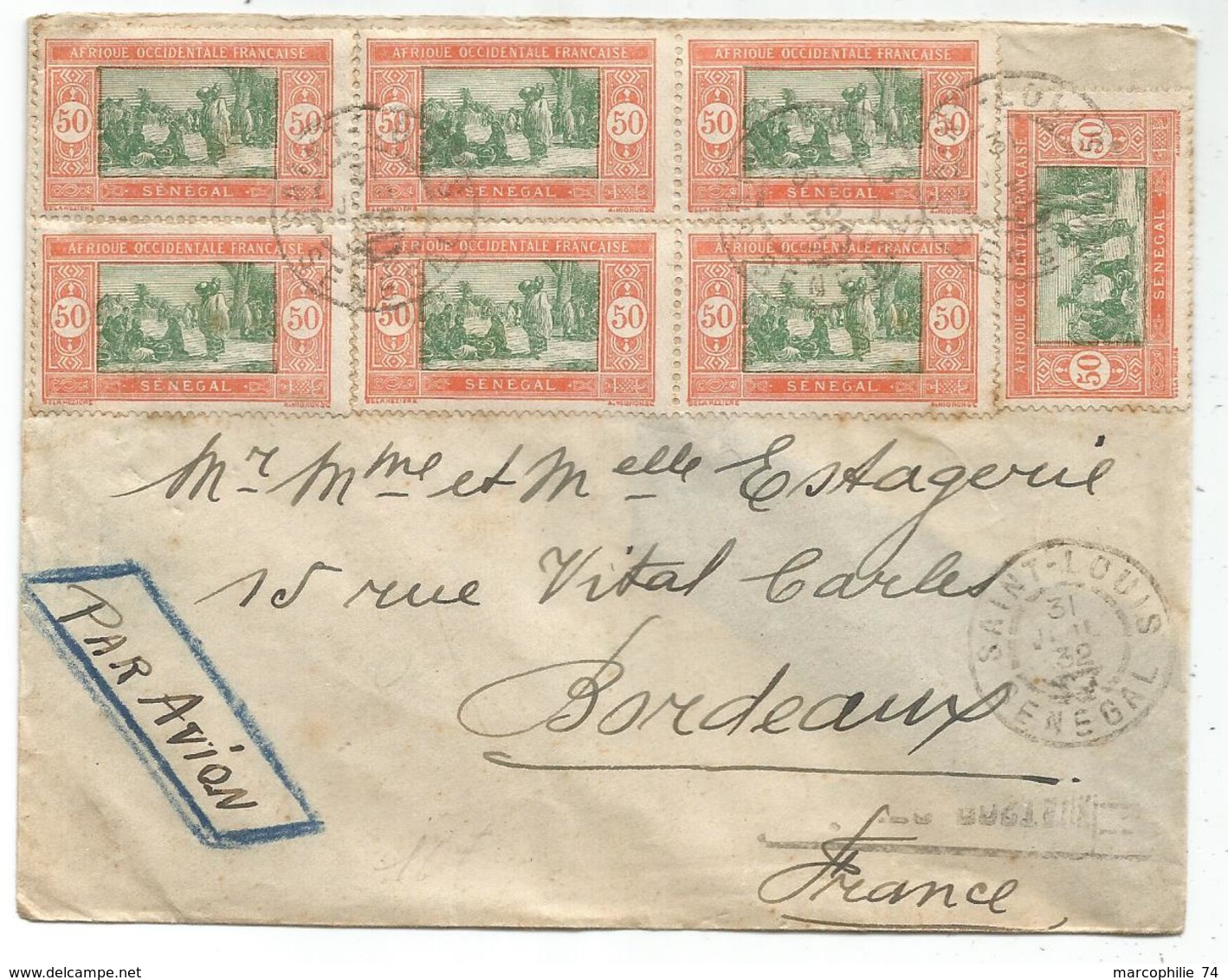 SENEGAL 50C BLOC DE 6+1 LETTRE COVER AVION SAINT LOUIS 31 JUIL 1932 POUR BORDEAUX - 1960-.... Covers & Documents