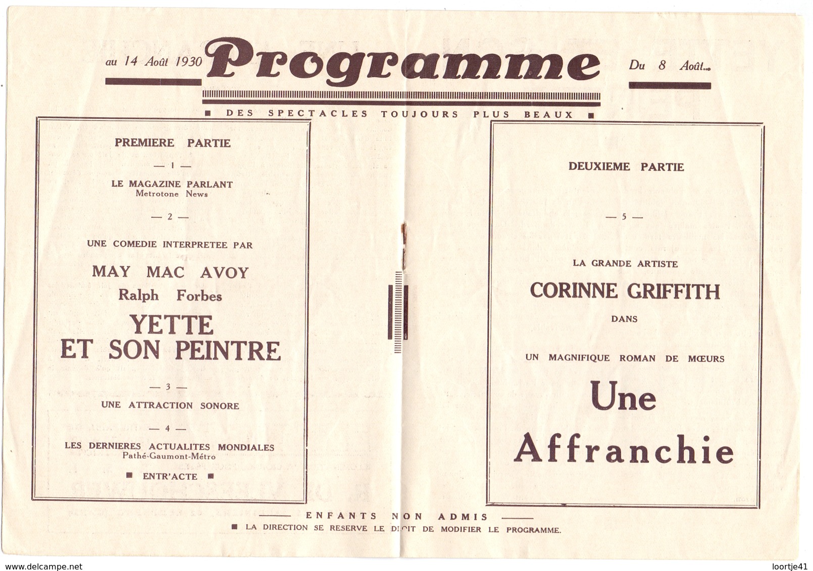 Pub Reclame - Ciné Cinema Bioscoop Film - Programma Programme Majestic Gent - Corrine Griffith - 1930 - Publicité Cinématographique